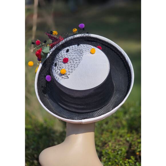 Shon Whittall Black White Straw Hat Floral Netting One Size Derby - Picture 4 of 6